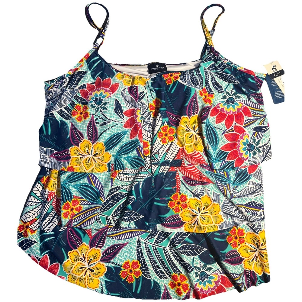 Caribbean Joe Women's Tankini Swim Top Seafoam Size 16W Adjustable Straps NWT